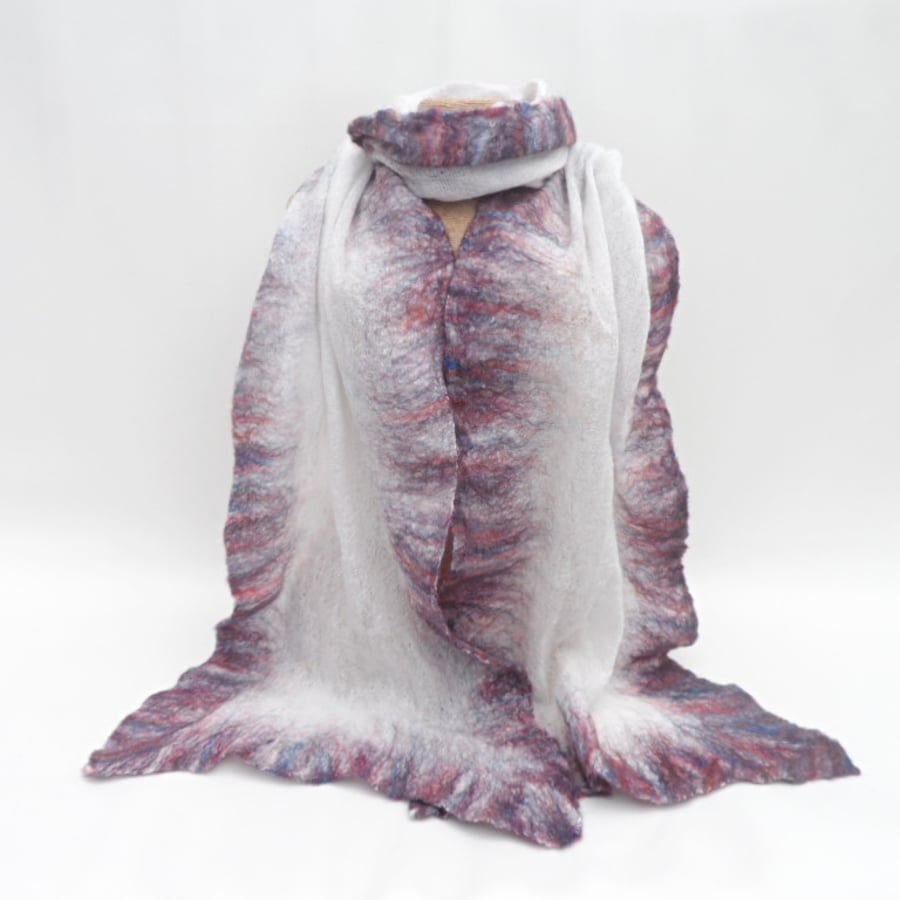 Long Nuno felted wool on cotton white scarf with pink-purple-blue border