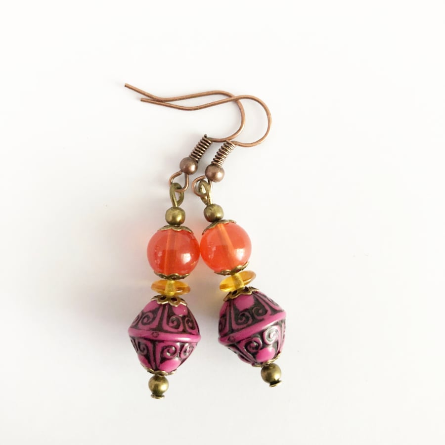 Pink-Purple Orange Yellow Bead Dangle Drop Boho Style Earrings