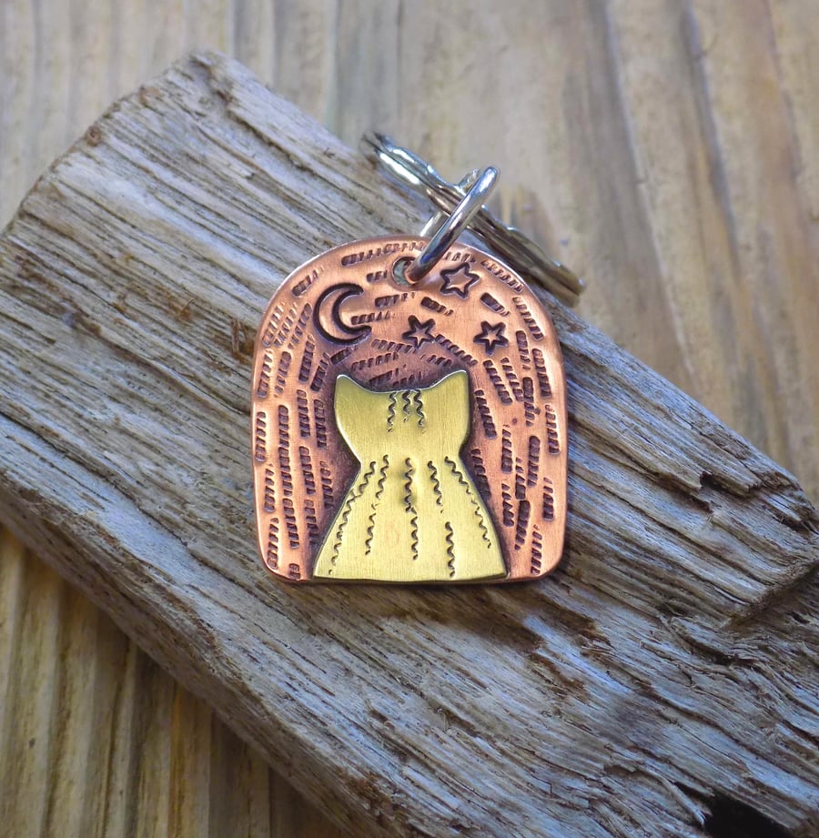 Reserved for Sutton Seven (whimsy 'star gazing cat' mixed metal keyring)