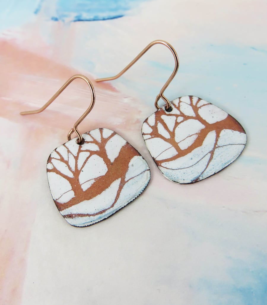 Enamel and Copper Light Blue and White Hand Drawn Tree Dangle Earrings
