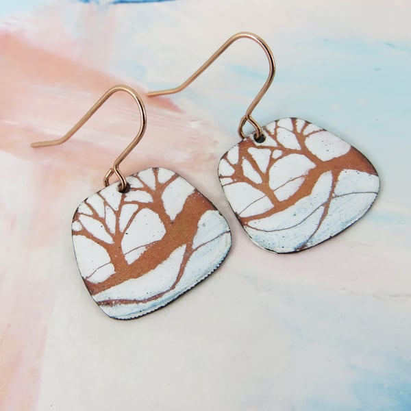 Enamel and Copper Light Blue and White Hand Drawn Tree Dangle Earrings