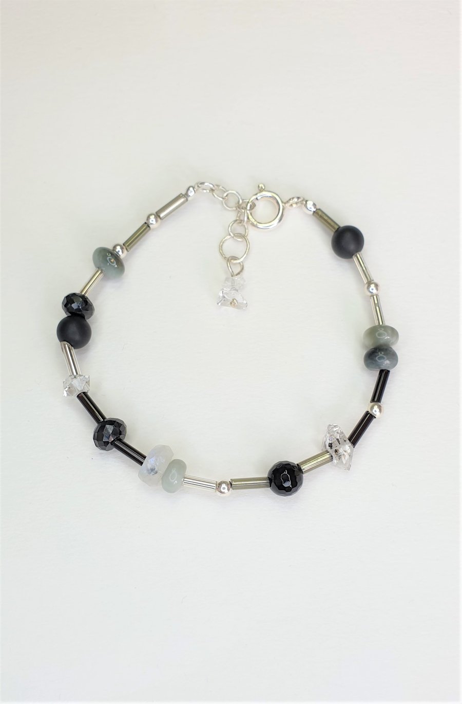 Black And Grey Mixed Gemstone And Sterling Silver Bracelet