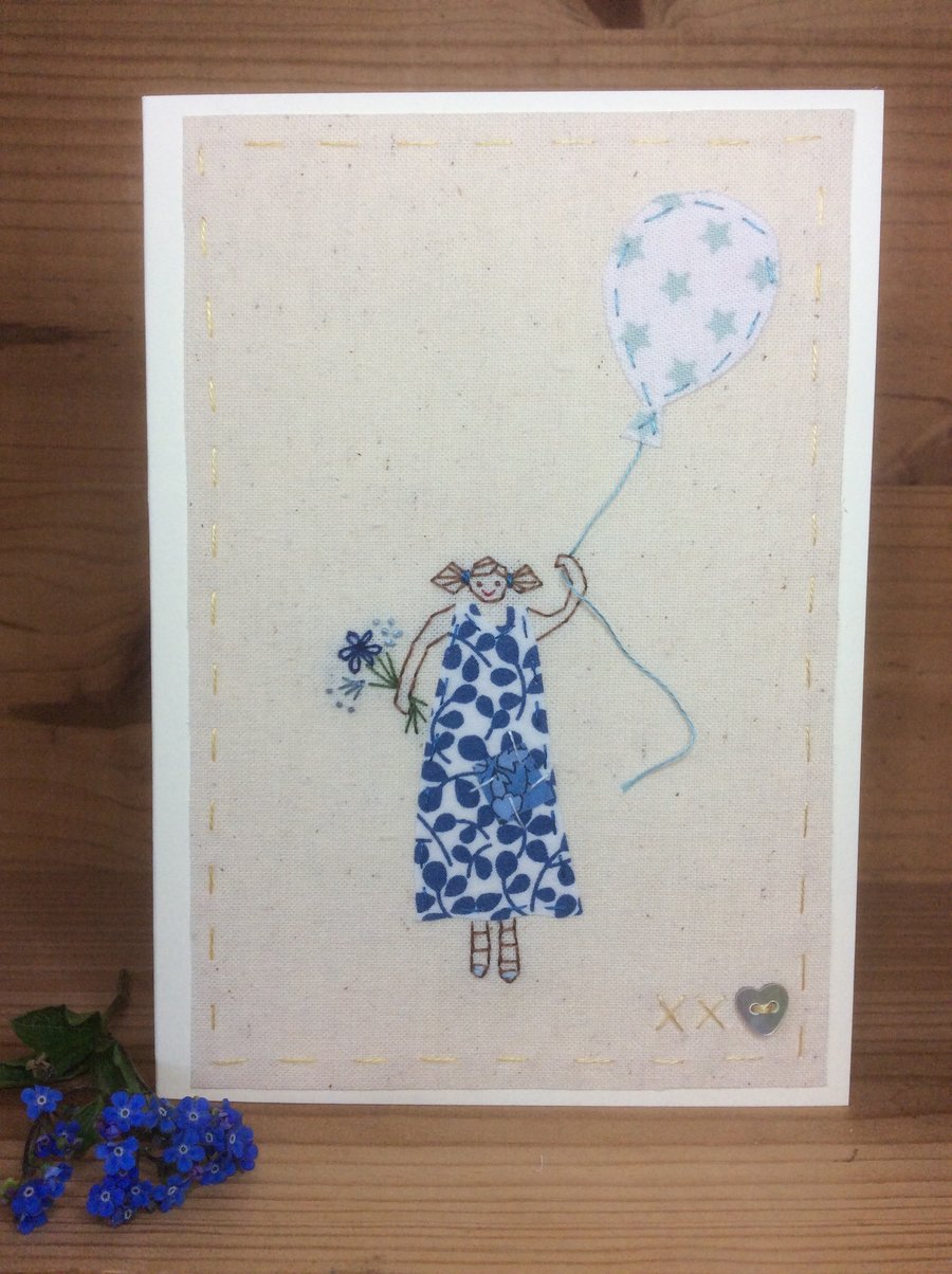 Girl in a blue dress hand embroidered card