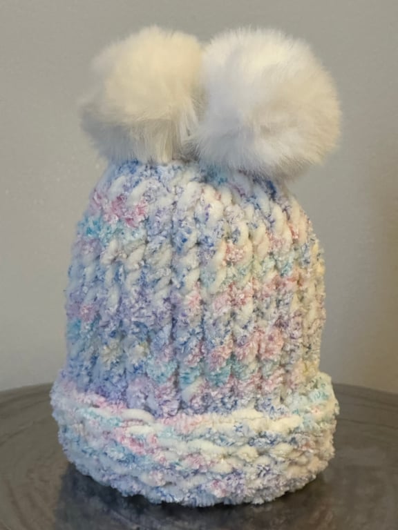 Handmade White and Multi Coloured Hat with Pom Pom 