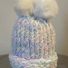 Handmade White and Multi Coloured Hat with Pom Pom 