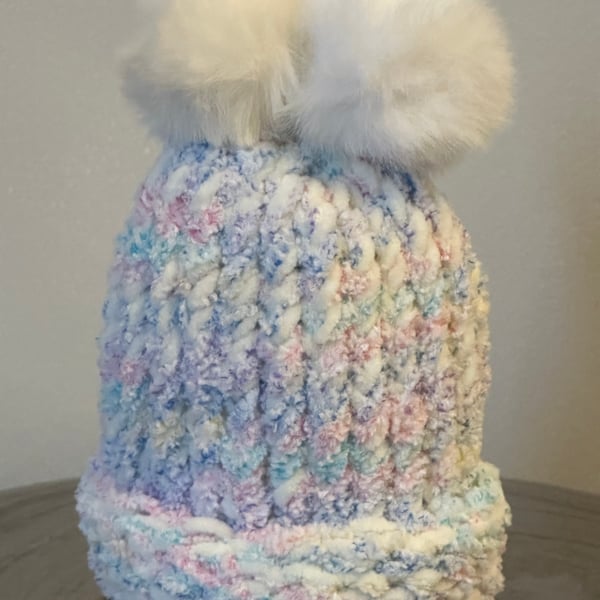 Handmade White and Multi Coloured Hat with Pom Pom 
