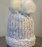 Handmade White and Multi Coloured Hat with Pom Pom 