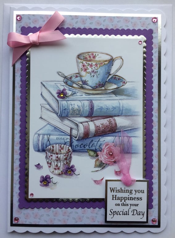 Cup of Tea Books Card Wishing You Happiness Floral Tea Cup Baking Pink
