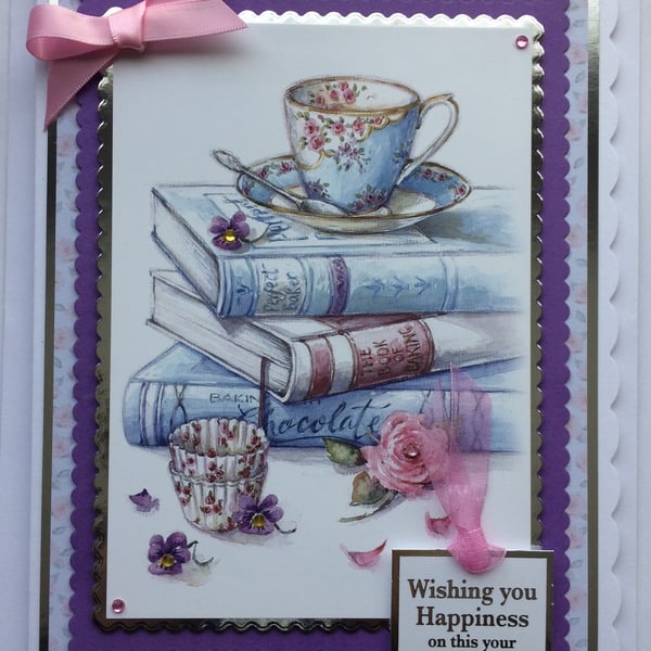 Cup of Tea Books Card Wishing You Happiness Floral Tea Cup Baking Pink