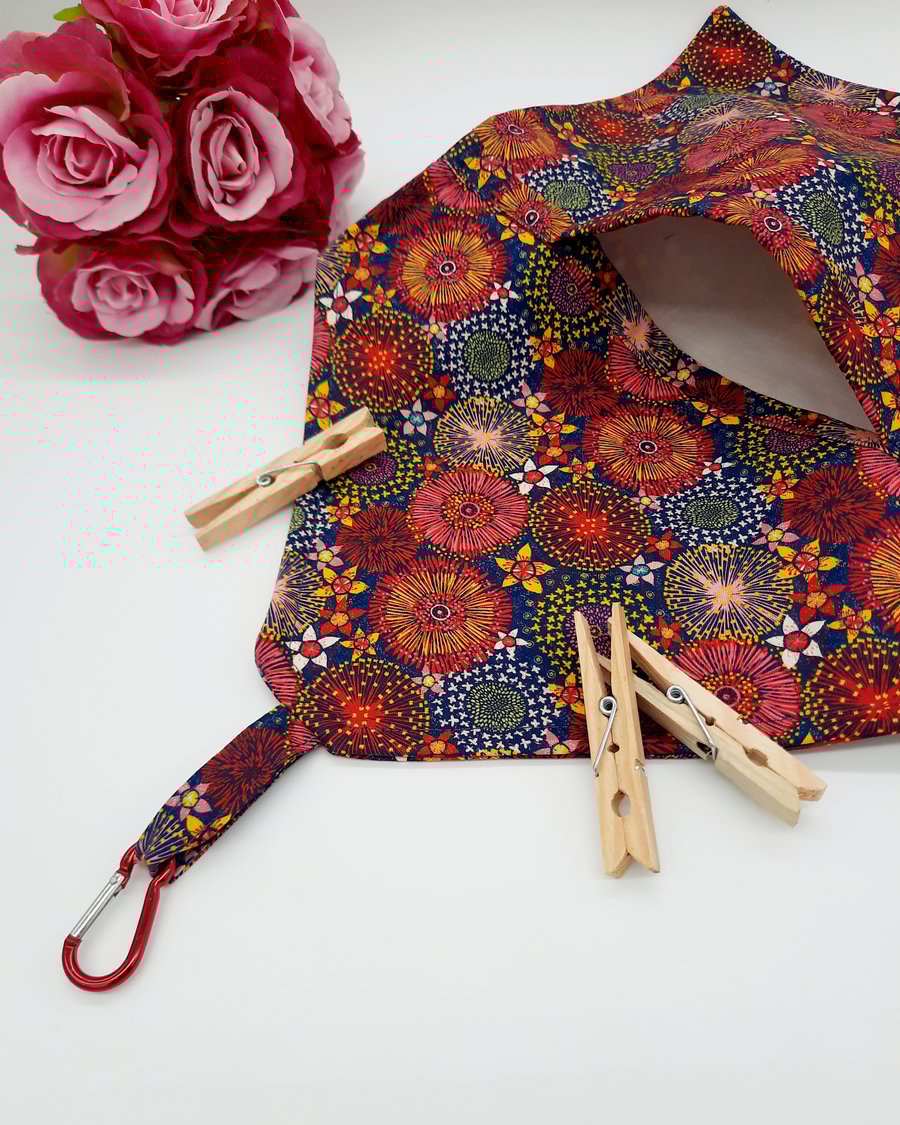 Raspberry pink dandelion burst, clip on peg bag. 