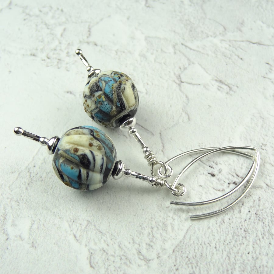 Rustic turquoise ivory black lampwork glass drop earrings, sterling silver