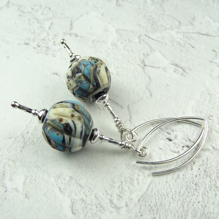 Rustic turquoise ivory black lampwork glass drop earrings, sterling silver