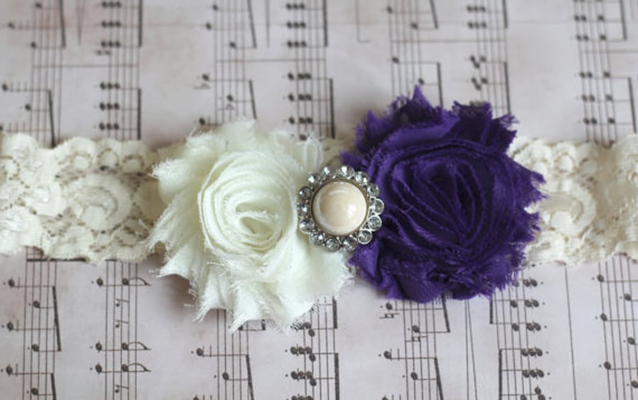 VALENTINA: Dark Purple Wedding Garter. Ivory Lace Garter. Shabby Chic Garter. 