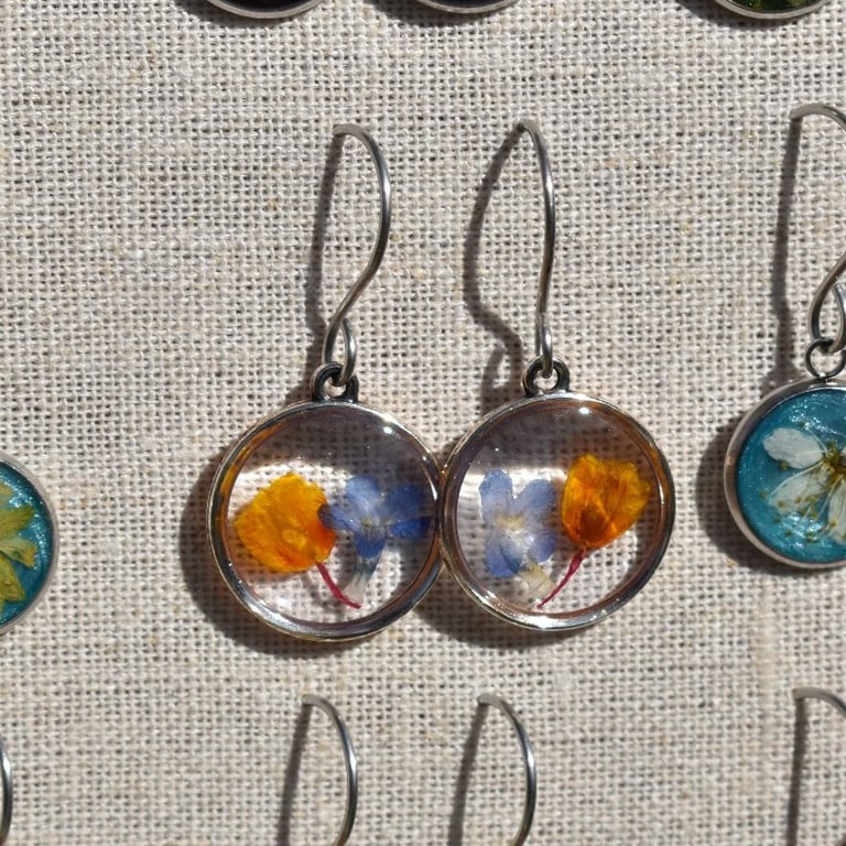 Pressed Flower Resin Earrings, 304 Stainless Steel Hooks, Made in Scotland
