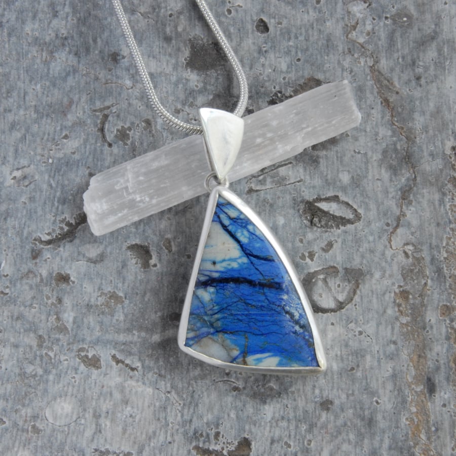 Triangular azurite and sterling silver pendant