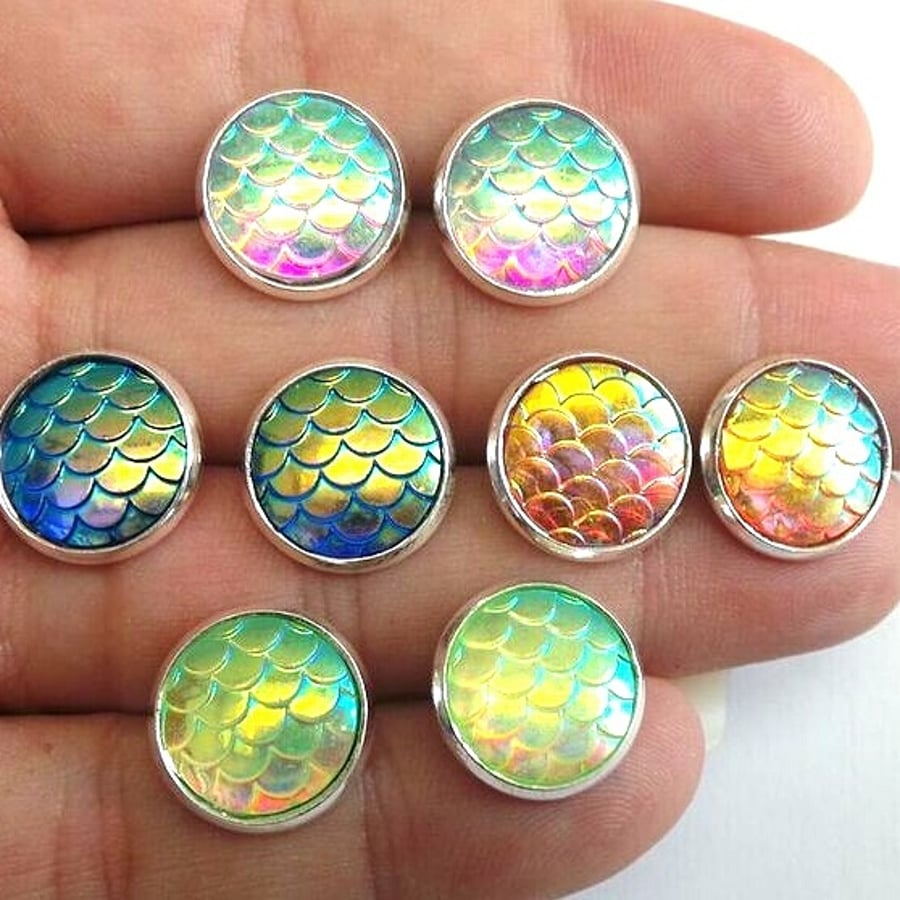 Resin Mermaid Scale silver plated stud Earrings silver red blue green