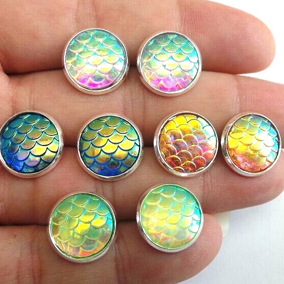 Resin Mermaid Scale silver plated stud Earrings silver red blue green