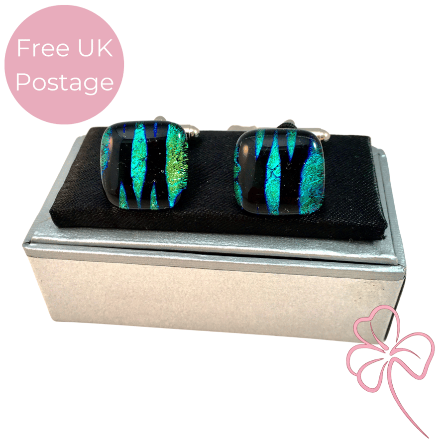 Stripe Patterned Dichroic Fused Glass Cuff Links 