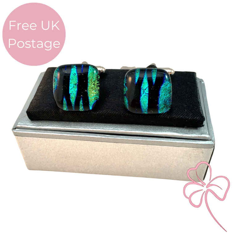 Stripe Patterned Dichroic Fused Glass Cuff Links 