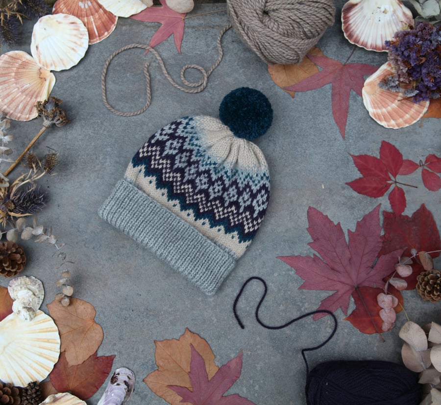 Hand knit wool bobble hat. Multicoloured winter fairisle pompom beanie  hat. 