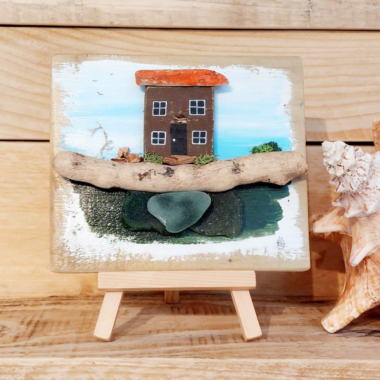 Driftwood Miniature Cottage on Reclaimed Wood, Sea Glass, Sustainable Wall Art