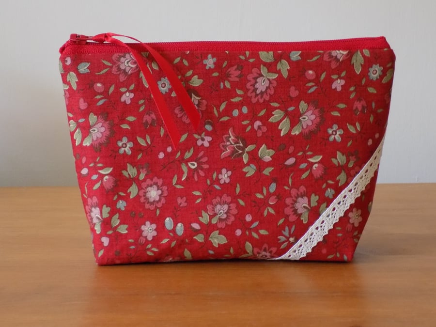 Red Vintage Style Floral Fabric Make Up Case Bag