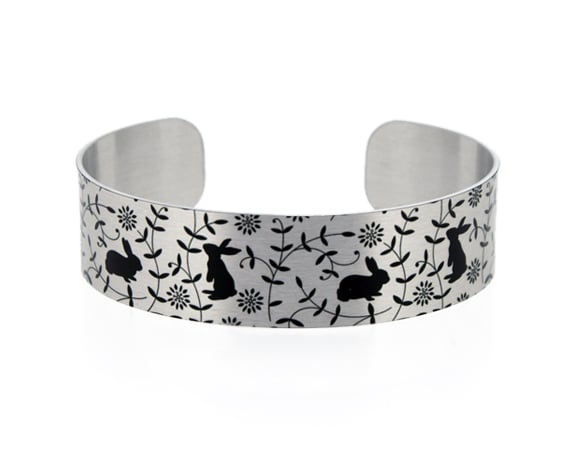 Rabbit jewellery cuff bracelet, brushed silver with rabbits, bunny gifts. B472