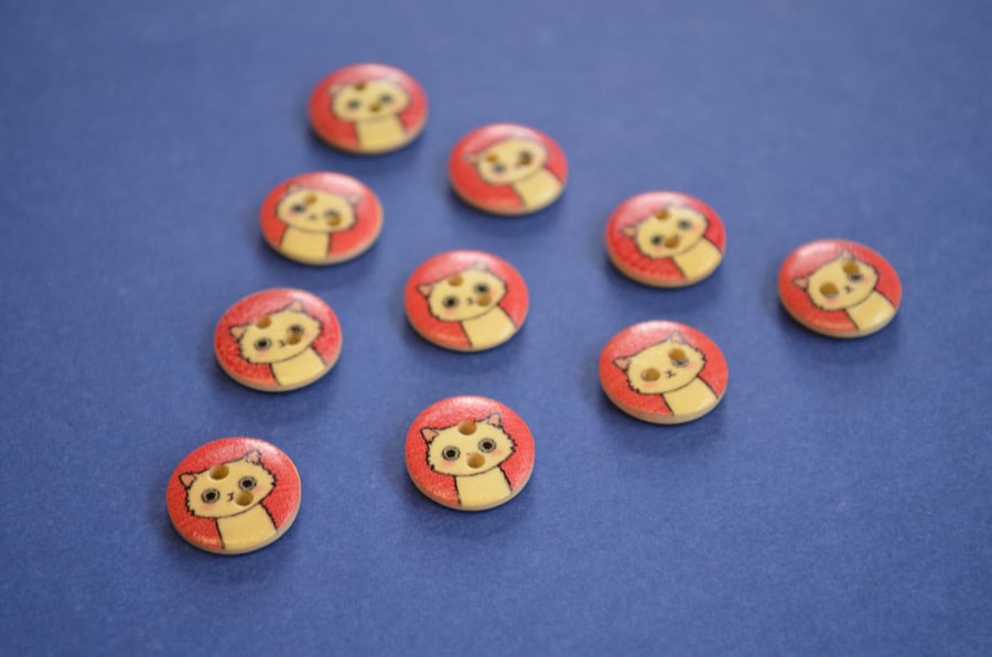 15mm Wooden Cat Buttons Red Cream 10pk Pussy Kitten Kitty (SCT3)