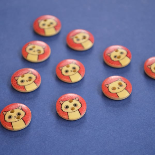 15mm Wooden Cat Buttons Red Cream 10pk Pussy Kitten Kitty (SCT3)