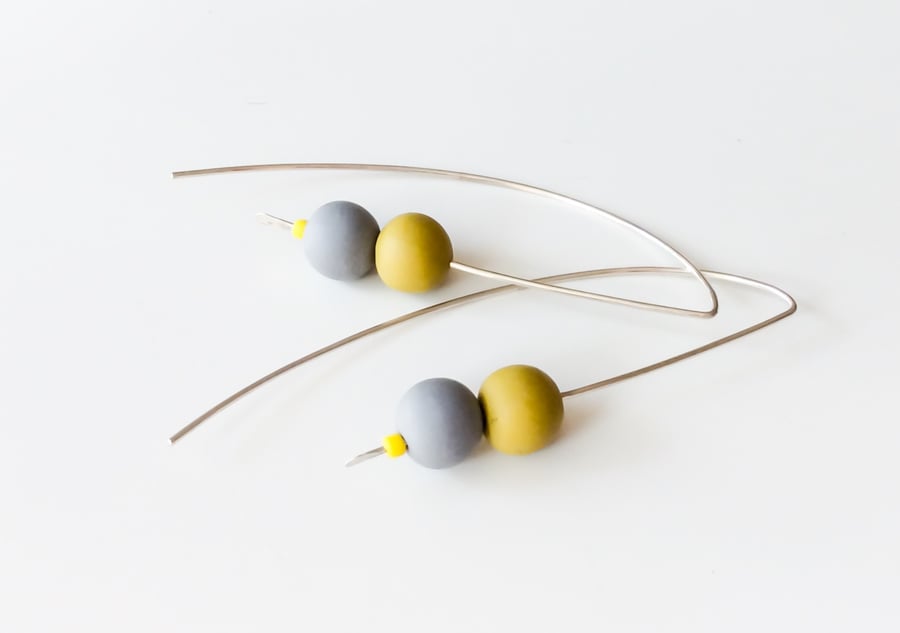 Grey and Yellow Long Sterling Silver Wire Earrings, contemporary jewellery 