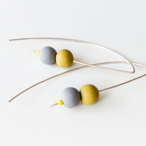 Grey and Yellow Long Sterling Silver Wire Earrings, contemporary jewellery 