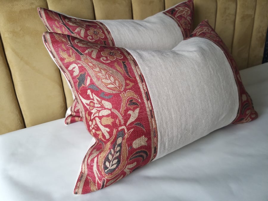 Natural linen cushion cover with William Morris trim boarders 60 x 40cm