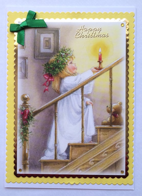 Handmade Christmas Card Vintage Girl with Candlestick in her Nightgown