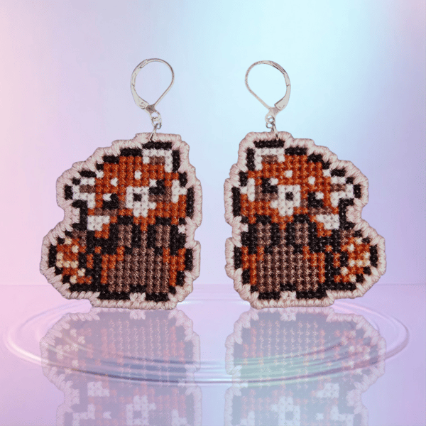 Red Panda Handmade Cross stitch Earrings