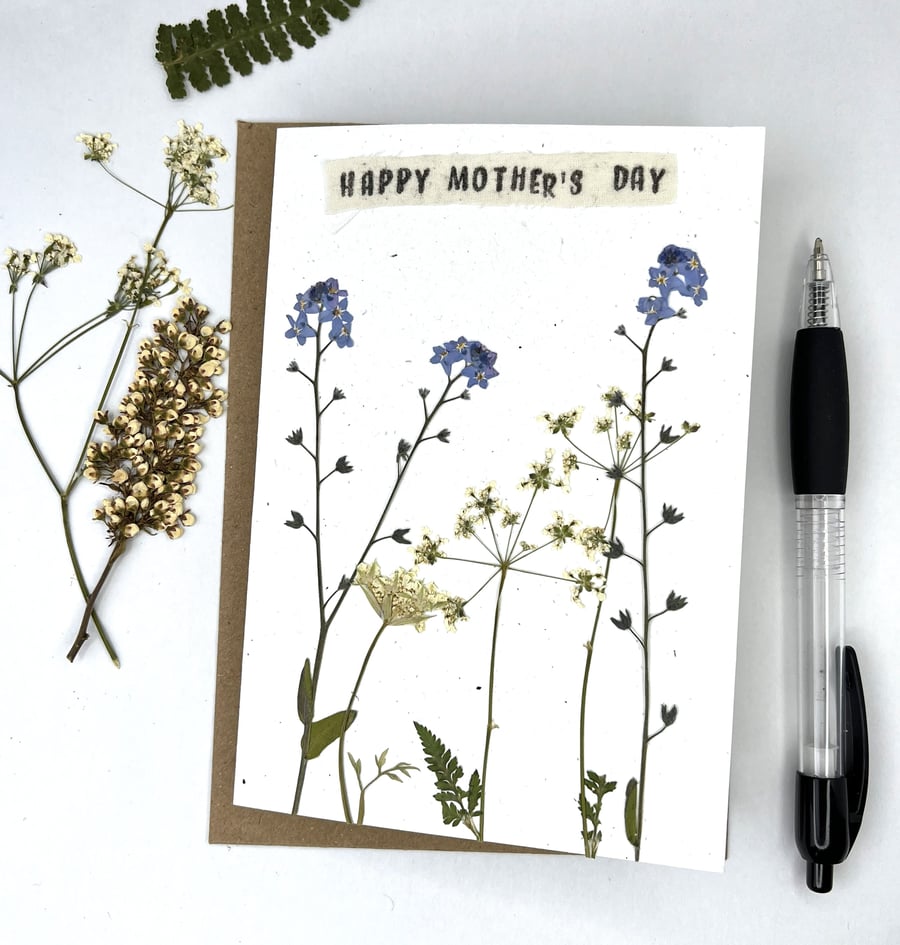 Handmade Real Pressed Forget-me-not, cow parsley, Mother's day Greeting Card