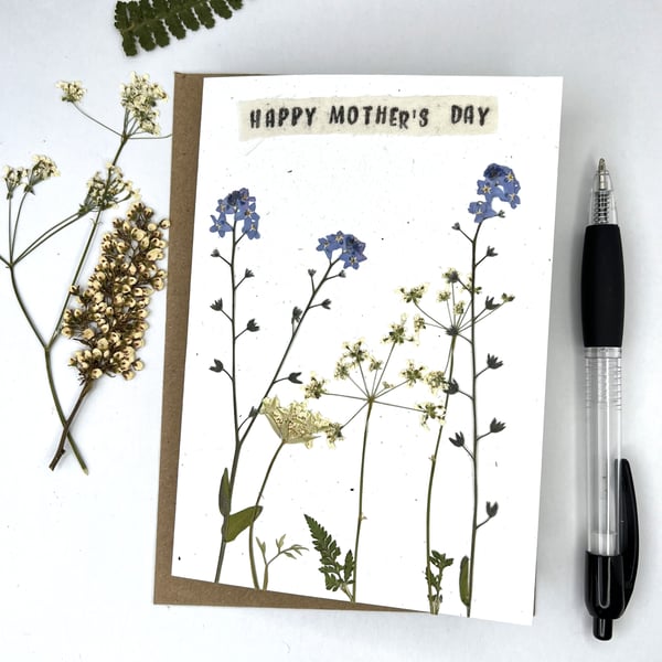 Handmade Real Pressed Forget-me-not, cow parsley, Mother's day Greeting Card