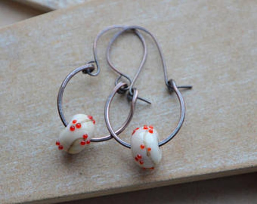 Handmade Copper and Cream Red Lampwork Glass Bead Earrings