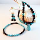 Three Piece Jewellery Set -  Necklace, Bracelet & Earrings - Black & Turquoise