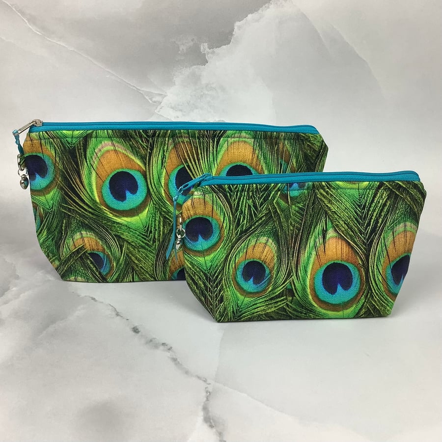 Peacock feathers zip bag, Peacock makeup bag, 2 size options, Handmade