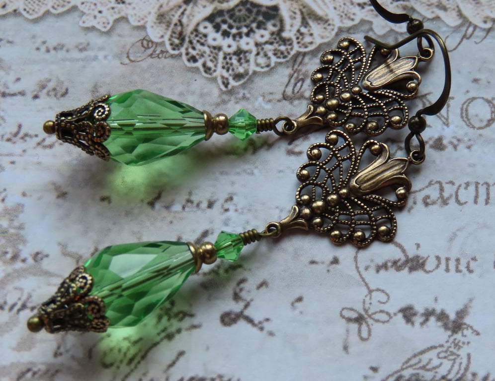 Peridot Green Crystal Teardrop Vintage Style Dangle Earrings