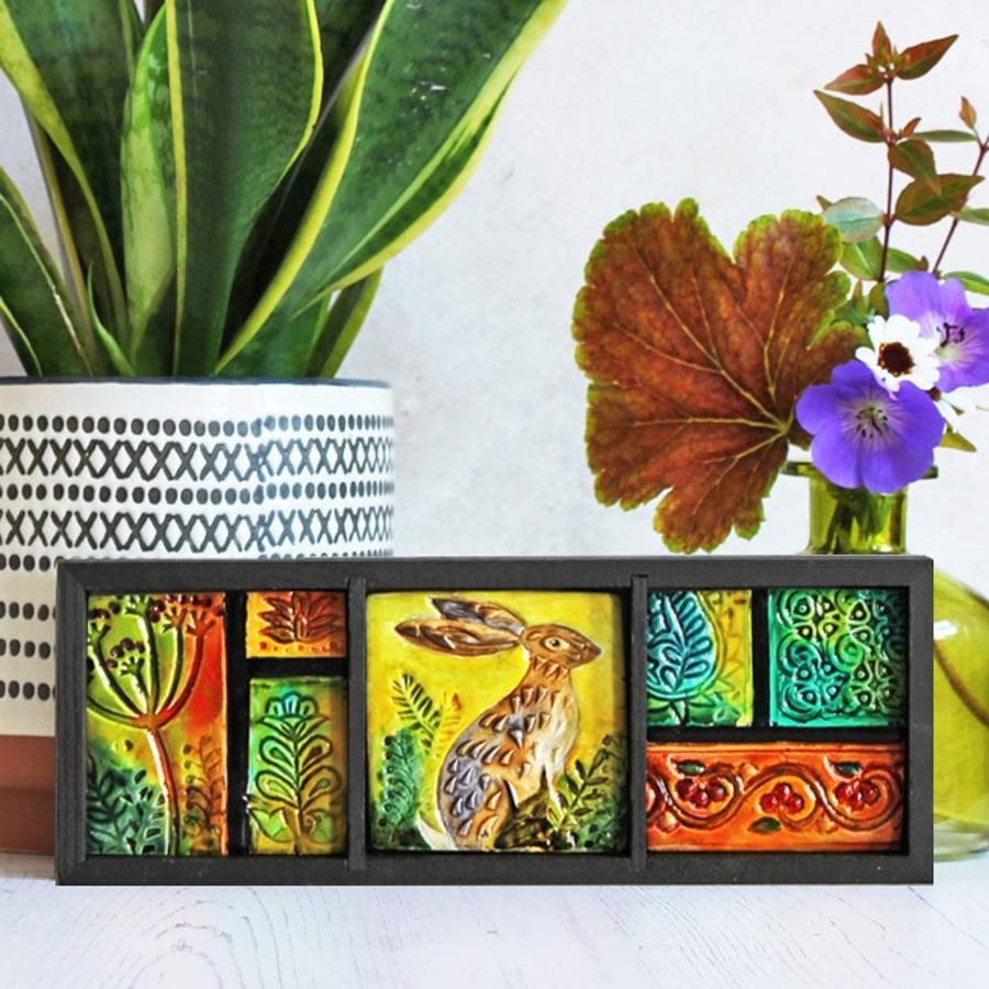 Boho home decor. Hare triptych in lemon and teal.