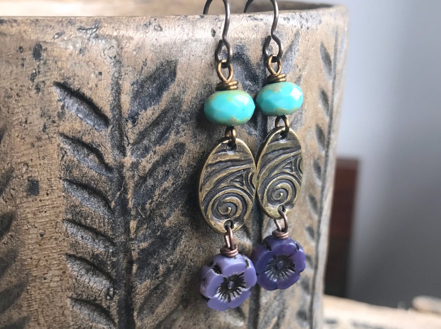 Brass Floral Earrings. Czech Glass Flower Earrings. Turquoise & Purple Earrings