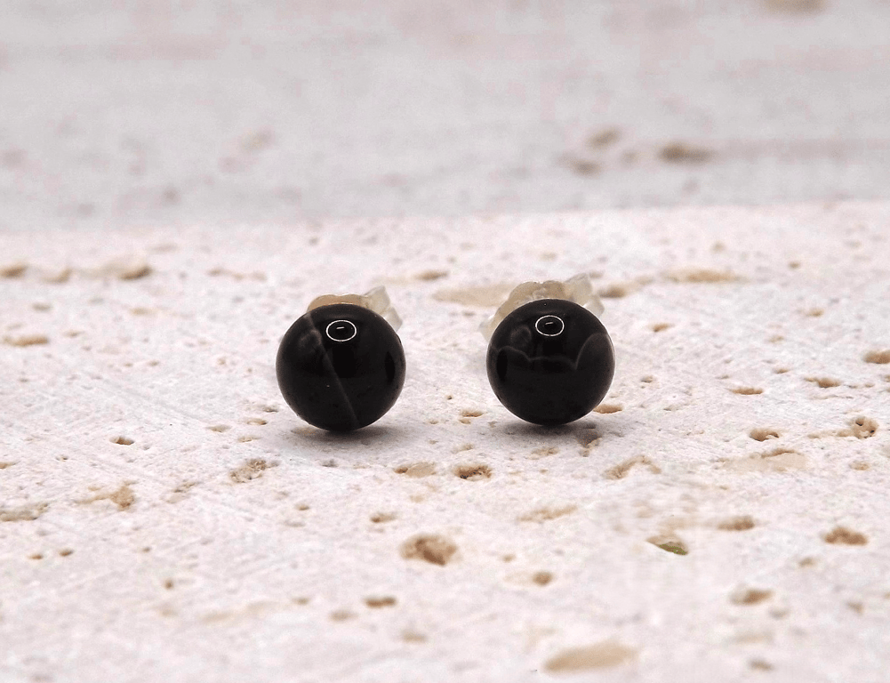 Black Banded Agate 6mm Gemstones, Sterling Silver Earrings. Middle White Bands.
