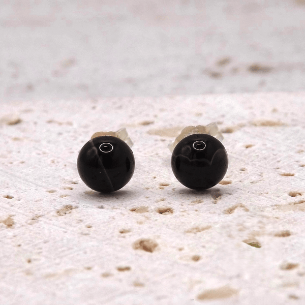 Black Banded Agate 6mm Gemstones, Sterling Silver Earrings. Middle White Bands.