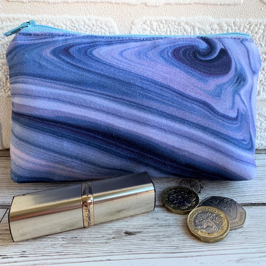 Large purse, coin purse with blue marbled pattern