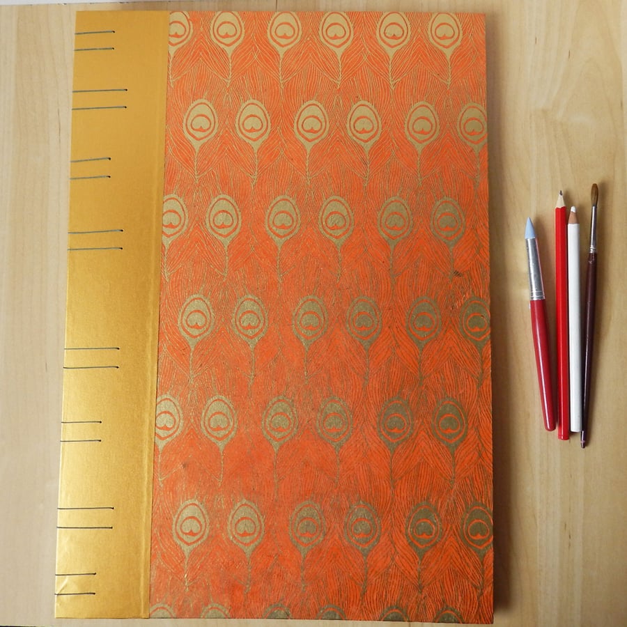 A3 Large Orange Sketchbook, orange and gold feathers, hand bound artists book