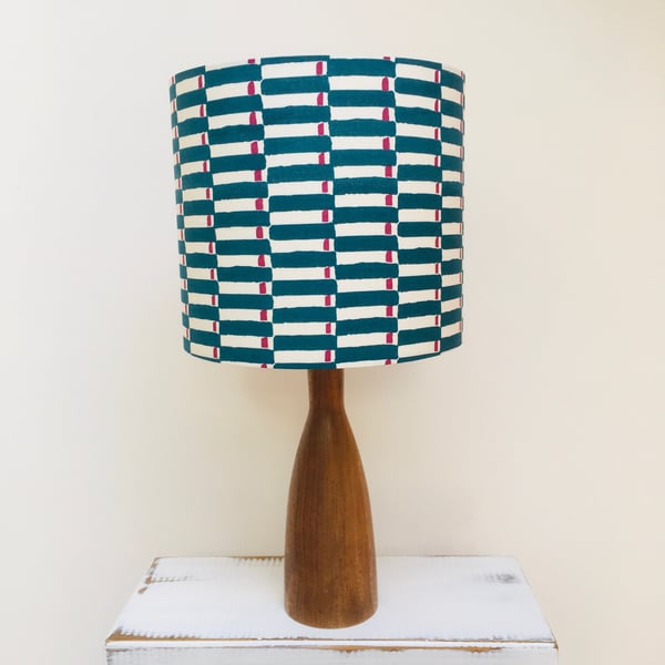 Handmade teal geometric hand block printed organic fabric drum lampshade