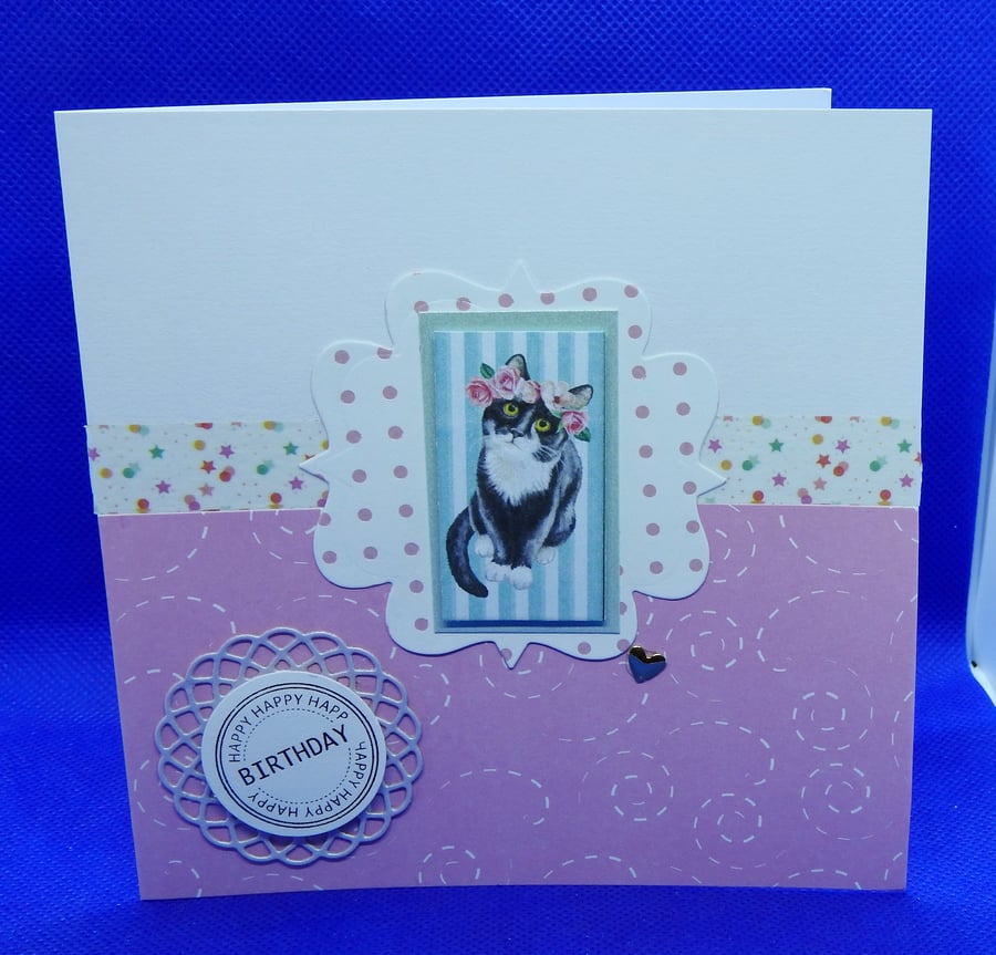 Cat birthday card in pink