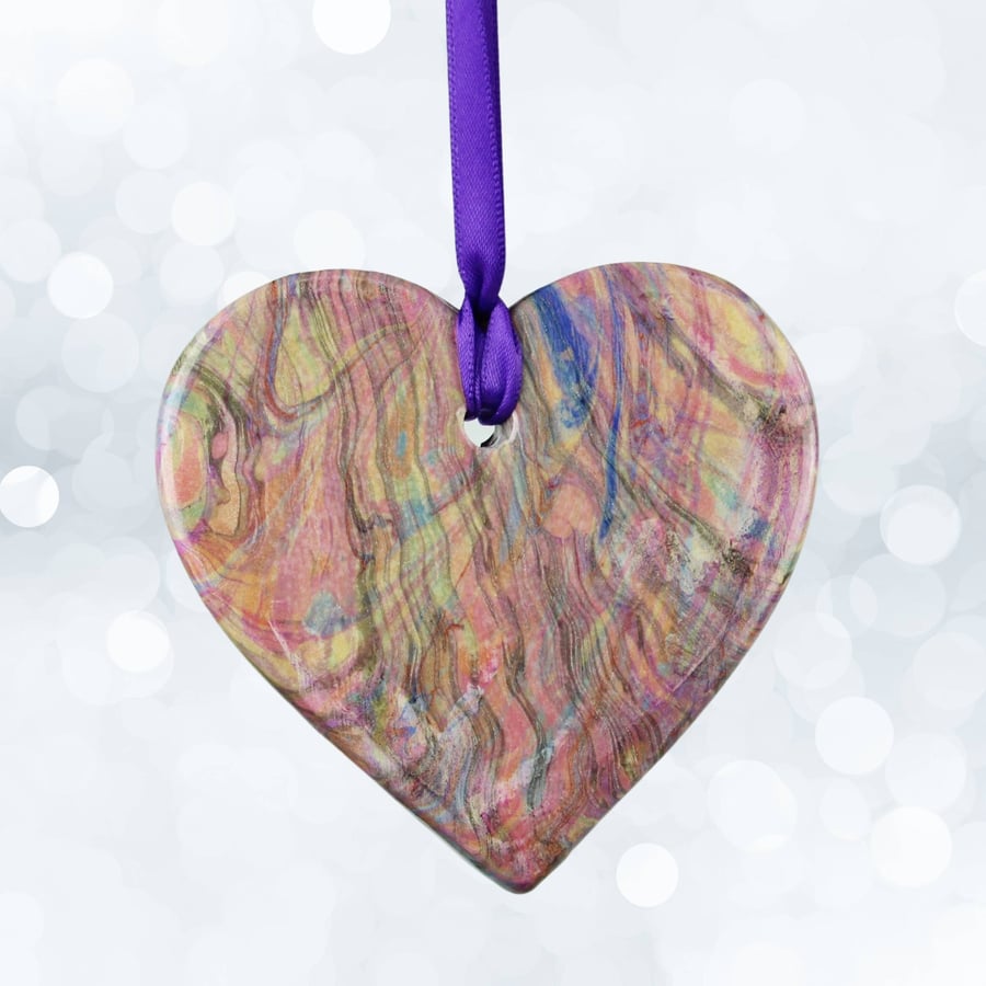 Marbled ceramic 8.5cm heart hanging decoration pink purple seconds sunday 