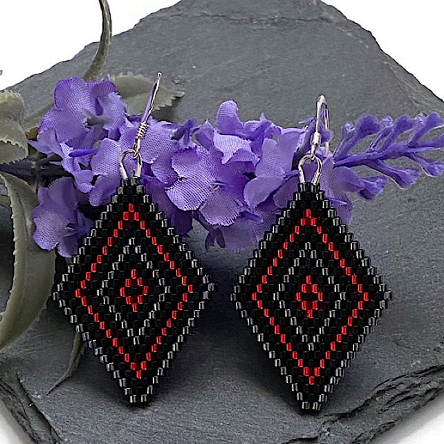 Sterling Silver Black and Red Peyote Diamond Earrings